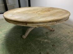 A large rustic circular pedestal table, condition weathered, 200cm diameter, 78 cm high