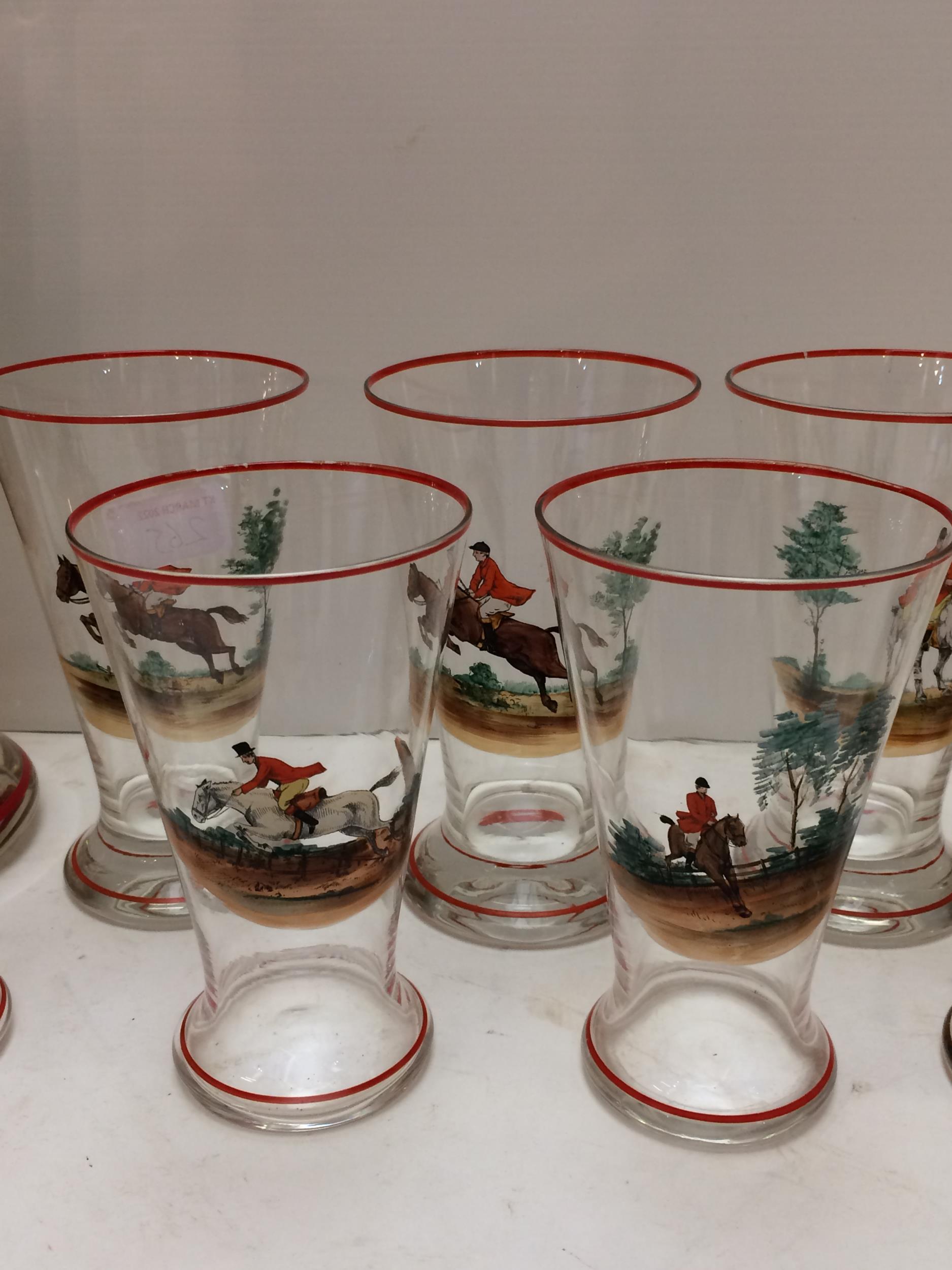 A vintage, decorative hunting themed glass set comprising a tall lemonade jug, a wide Pimm's jug and - Image 3 of 14