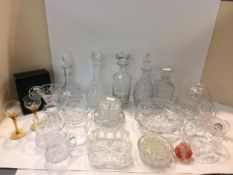 Large quantity of C20th moulded glass decanters, bowls etc