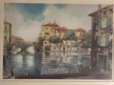 Modern print signed Claude Deval, Italian river scene, framed and glazed, 27 x 37cm