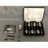 Collection of sterling silver items to include boxed set of coffee spoons, cigarette case and spoon