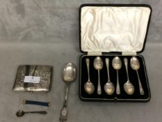 Collection of sterling silver items to include boxed set of coffee spoons, cigarette case and spoon