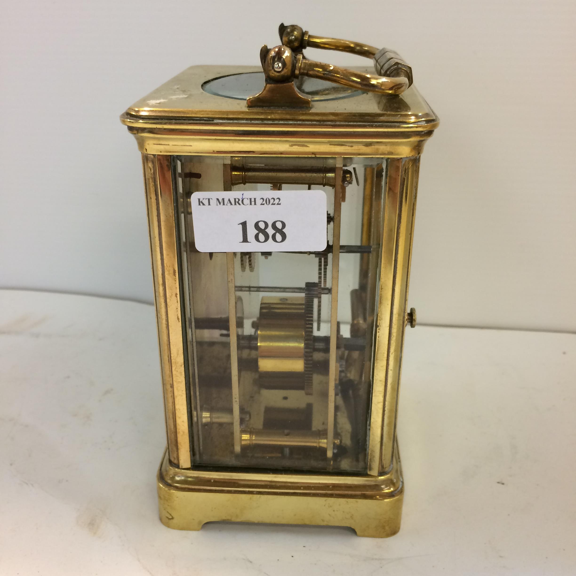 French gilt brass carriage clock with 4 bevelled glass panes with key - Image 2 of 5