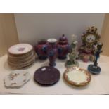 Quantity of ceramics to include French ceramic mantle clock with matching stand, 2 cream
