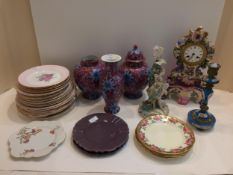 Quantity of ceramics to include French ceramic mantle clock with matching stand, 2 cream