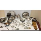 Quantity of silver plated wares to include tea set, spoons, Danish circular tray, some modern