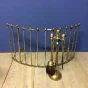 Brass fire companion set, and a brass curved fire screen