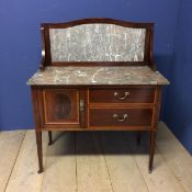 Edwardian mahogany washstand with 2 drawers and cupboard, with marble top and splash back 113h x 92w