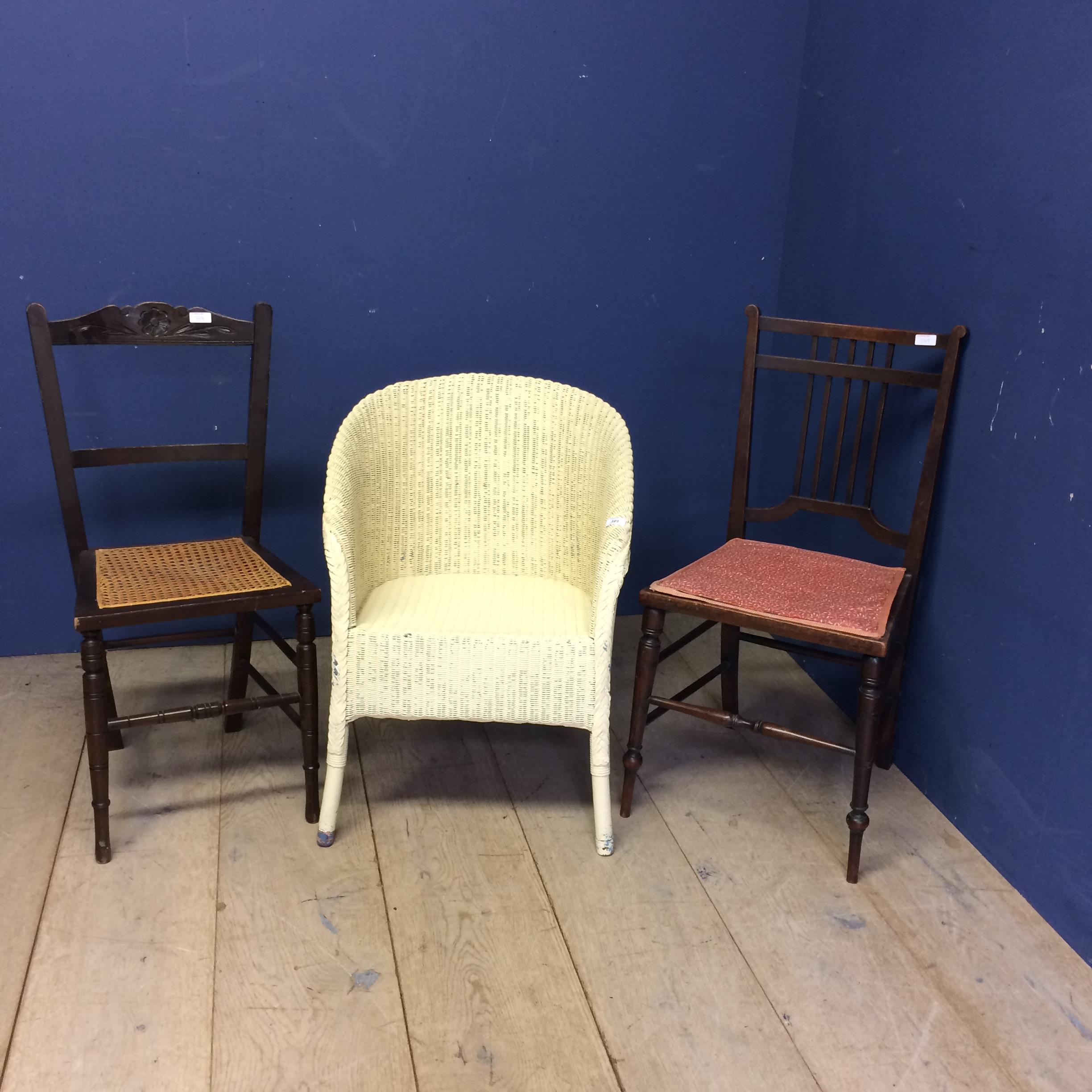 Lloyd loom style cream painted chair, a bergère seat bedroom chair and one another