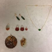 Collection of Jade and hardstone items, to include a pair of Spinach jade earrings, a pierced and