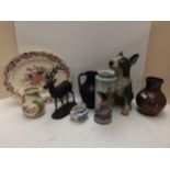 Quantity of china to include pots, statue of a brindle English Bull terrier