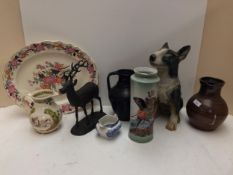 Quantity of china to include pots, statue of a brindle English Bull terrier