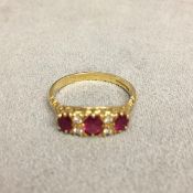 18ct old 3 stone ruby ring with single cut diamond acc 3.3g size N