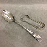 Two Scottish sterling silver items, dessert spoon and pair sugar tongues, 82g