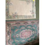 Rugs: Chinese wash style rug with blue ground and pink and oakmeal boarders, and pink central