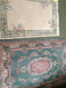 Rugs: Chinese wash style rug with blue ground and pink and oakmeal boarders, and pink central