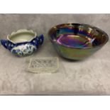 J Ditchfield (Lancaster) lustre bowl, and Ironstone blue and white 2 handled jardiniere, a pressed