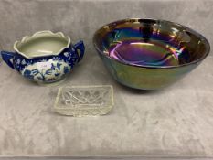 J Ditchfield (Lancaster) lustre bowl, and Ironstone blue and white 2 handled jardiniere, a pressed