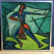 Cubist Study of a Dancing Lady (India, 20th Century), Acrylic with sgraffito on board, Signed