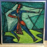 Cubist Study of a Dancing Lady (India, 20th Century), Acrylic with sgraffito on board, Signed