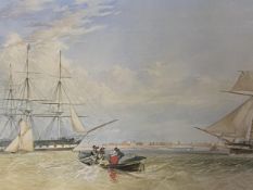 Framed and glazed watercolour, boats by the shoreline, marked verso James Connal Ogle Tilbury c