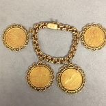 18ct gold double fancy link bracelet with four 20g Caciques de Venezuela 22ct gold coins, total