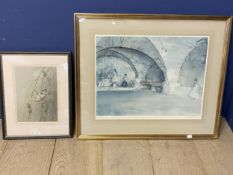 RR BUXTON, watercolour, "crested tit", framed and glazed; and after William Russell Flint, print