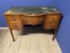 Edwardian inlaid writing desk, with square legs to castors, worn green leather top, 79cmH x 115cm