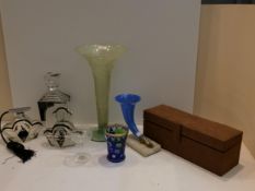 C19th Bohemian overlay blue glass beaker, 92cmH, condition, some minor flee bites to rim, 2 art deco