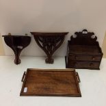 Oak hanging cupboard with candle drawer, 2 plinths/sconces, oval tray