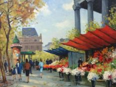 A light coloured framed colourful Parisian street market scene of a flower stall, marked verso "