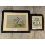 Small framed and glazed coloured drawing of huntsman and hounds, and a small framed and glazed