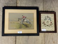 Small framed and glazed coloured drawing of huntsman and hounds, and a small framed and glazed