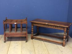 Modern reproduction 3 section canterbury, and a heavy oak stool - 45h x 92w x 35d cm