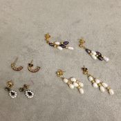 Pair of unmarked yellow and white metal and sapphire drop earrings, together with a pair of 9ct gold