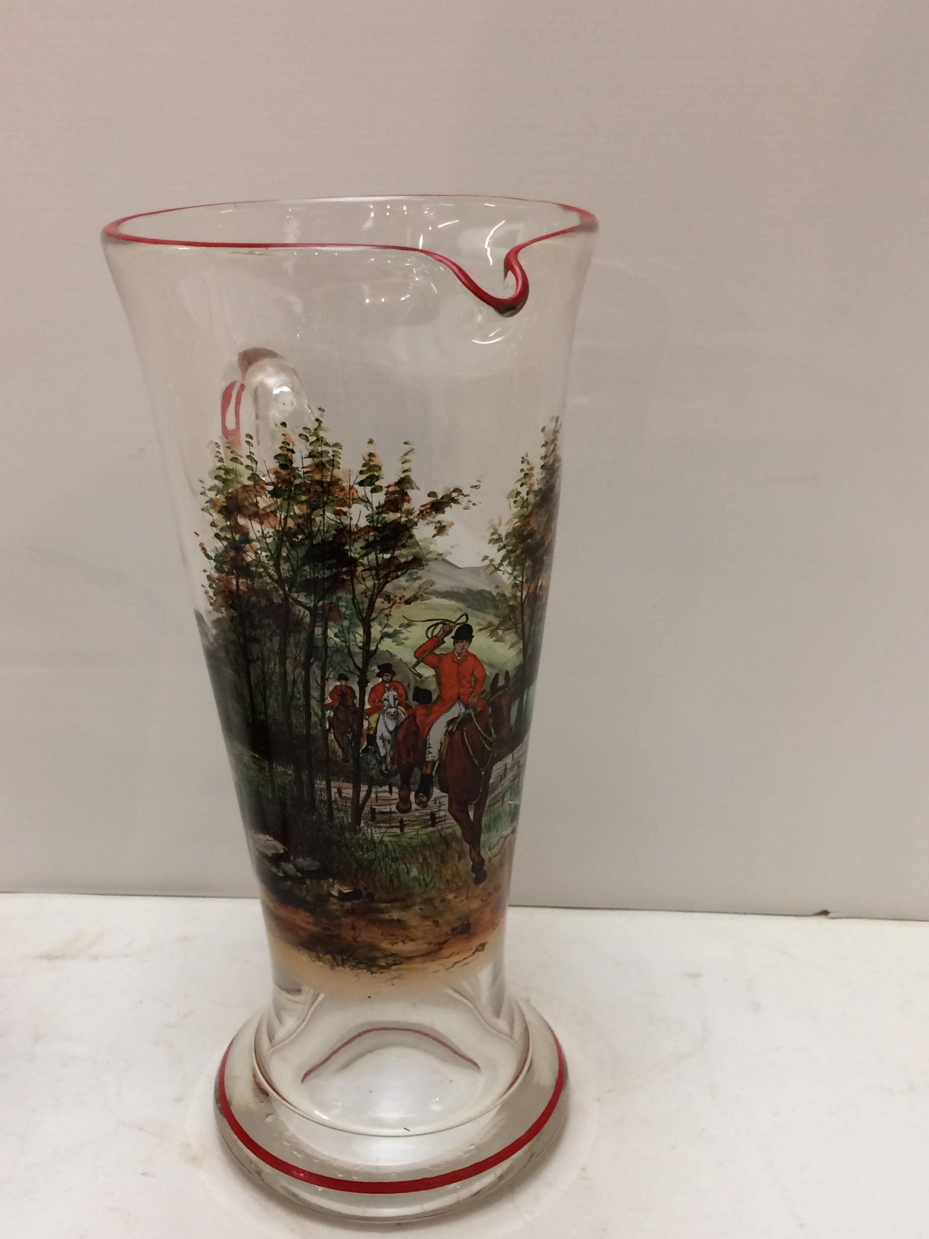 A vintage, decorative hunting themed glass set comprising a tall lemonade jug, a wide Pimm's jug and - Image 8 of 14