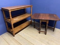 Large oak buffet, the shelves with galleried surround 122w x 50d x109Hcm, and an oak drop leaf table