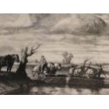 Framed and glazed black and white lithograph, marked verso "river crossing by Jules jaques Vey