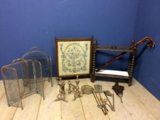 Brasswares to include, firescreen, dogs, umbrella stand, walking sticks etc