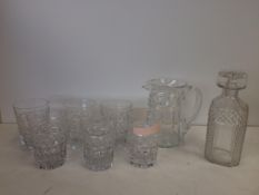 Glassware of jug decanter and six glasses