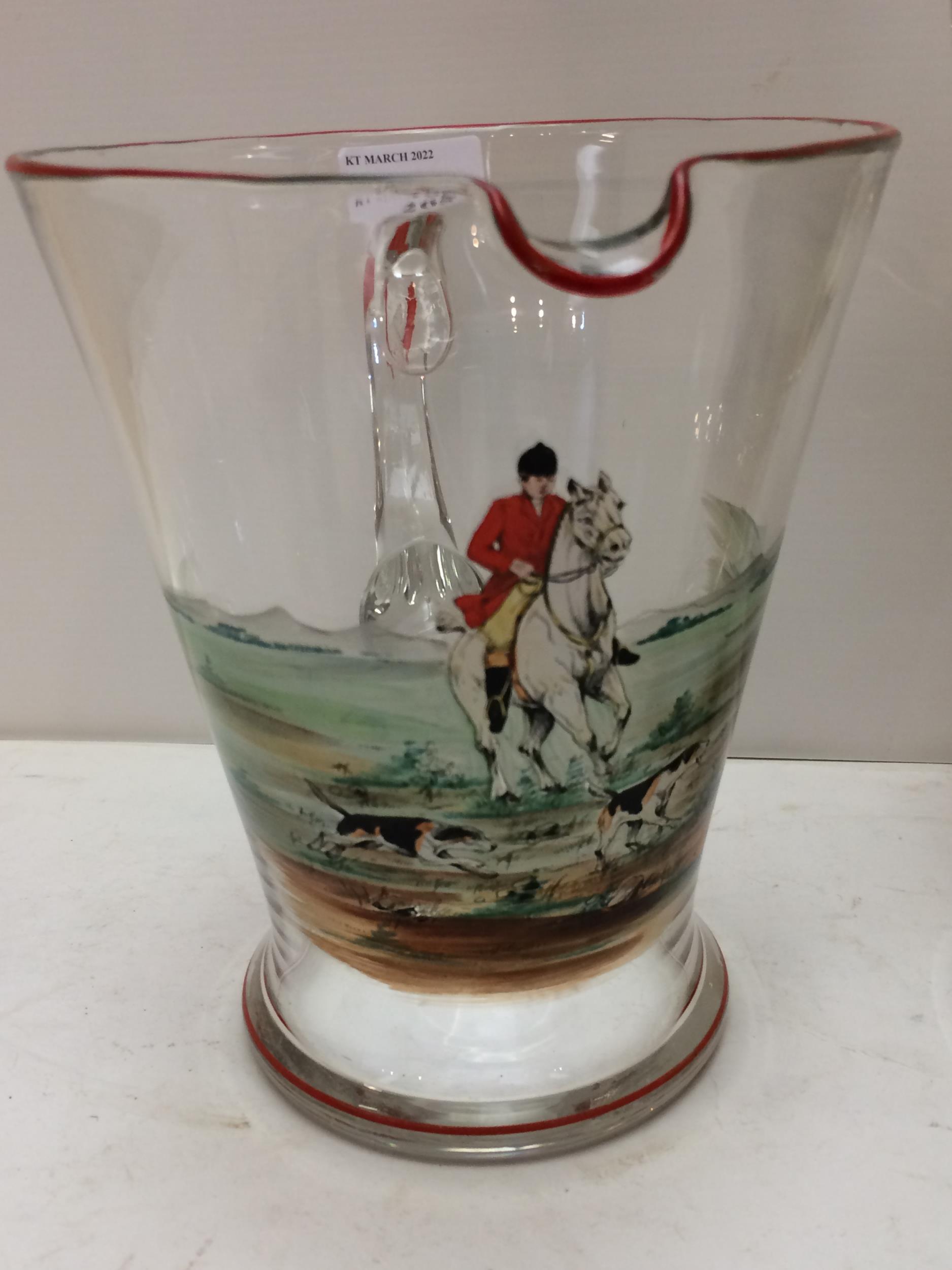 A vintage, decorative hunting themed glass set comprising a tall lemonade jug, a wide Pimm's jug and - Image 6 of 14