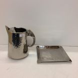 Oriental silver plated planished jug and tray with applied elephant handles