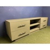 A contemporary industrial style long low cabinet with 4 drawers and central shelves, 240W x 7