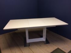 Contemporary white table, and chrome base (1 central leaf) 181L x 90w x 75h cm