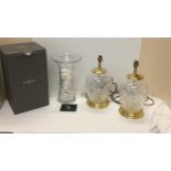 A good pair of Waterford crystal heavy glass lamps and shades, and a vase, all in original boxes