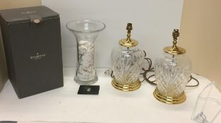 A good pair of Waterford crystal heavy glass lamps and shades, and a vase, all in original boxes