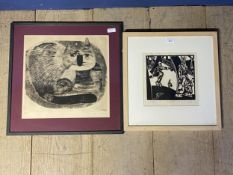 S Rothschild, lithogram signed in pencil, "Players"; and a framed and glazed lithograph of a cat,