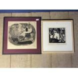 S Rothschild, lithogram signed in pencil, "Players"; and a framed and glazed lithograph of a cat,