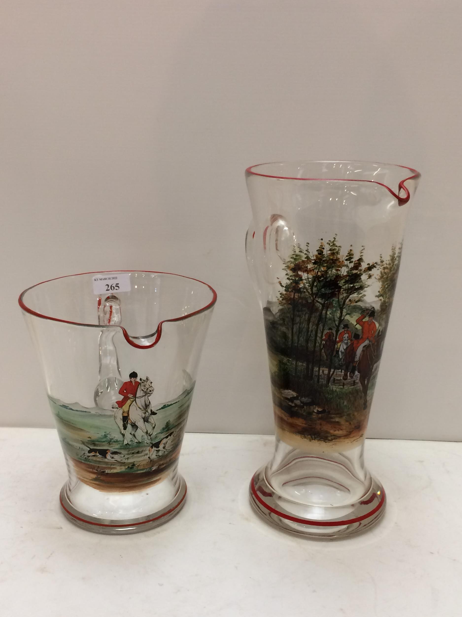 A vintage, decorative hunting themed glass set comprising a tall lemonade jug, a wide Pimm's jug and - Image 5 of 14