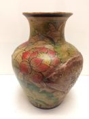 Arts and Crafts style hand painted fish vase, 42cm x 30cm